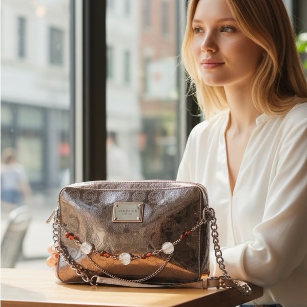 Michael Kors Metallic Silver Crossbody Bag and Handmade Bag Necklace Chain - Picture 5 of 13